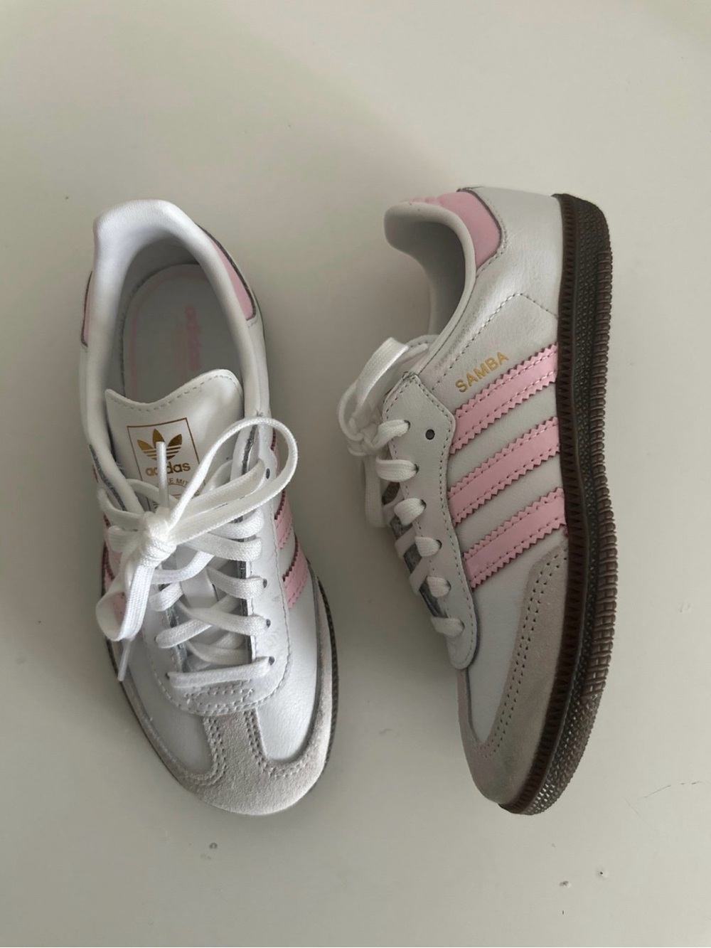 adidas Kids Samba Sneakers in White and Pink with Brown Sole